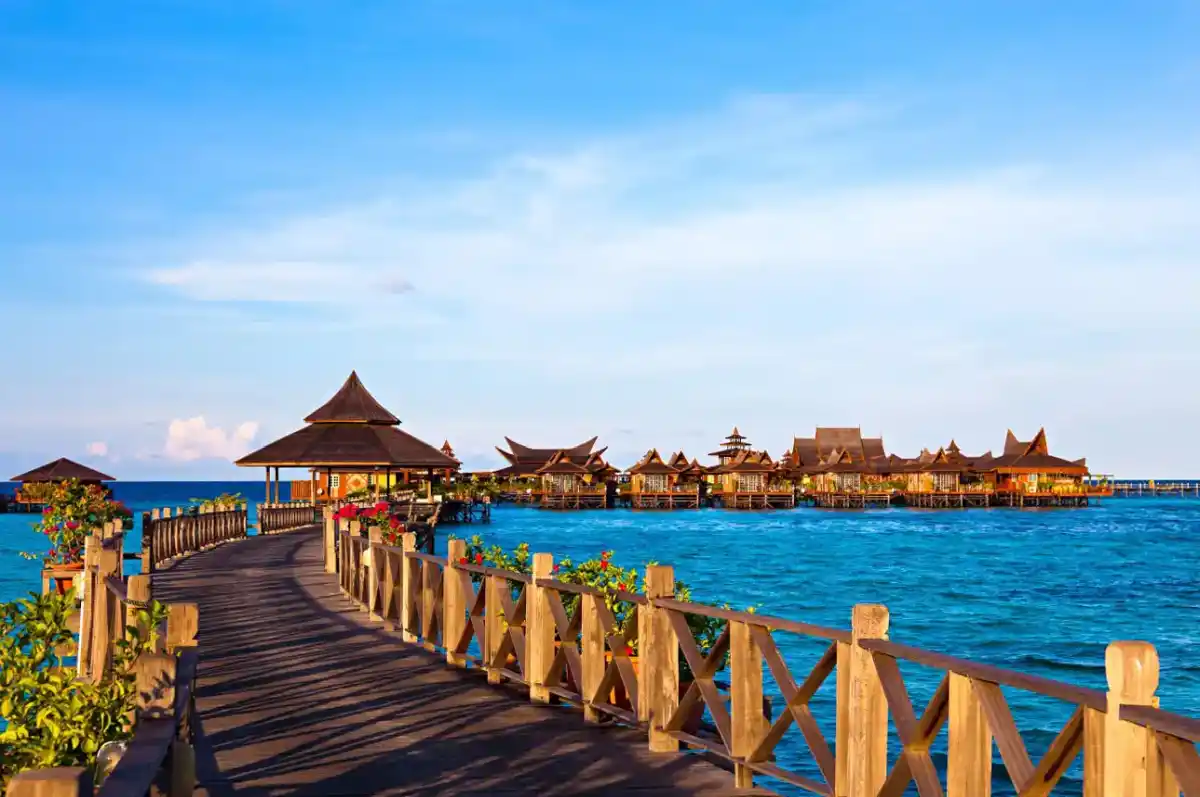 Breathtaking panoramic view of the luxurious Mabul Water Bungalows, a 5-star overwater resort and a premier destination for Sipadan diving.
